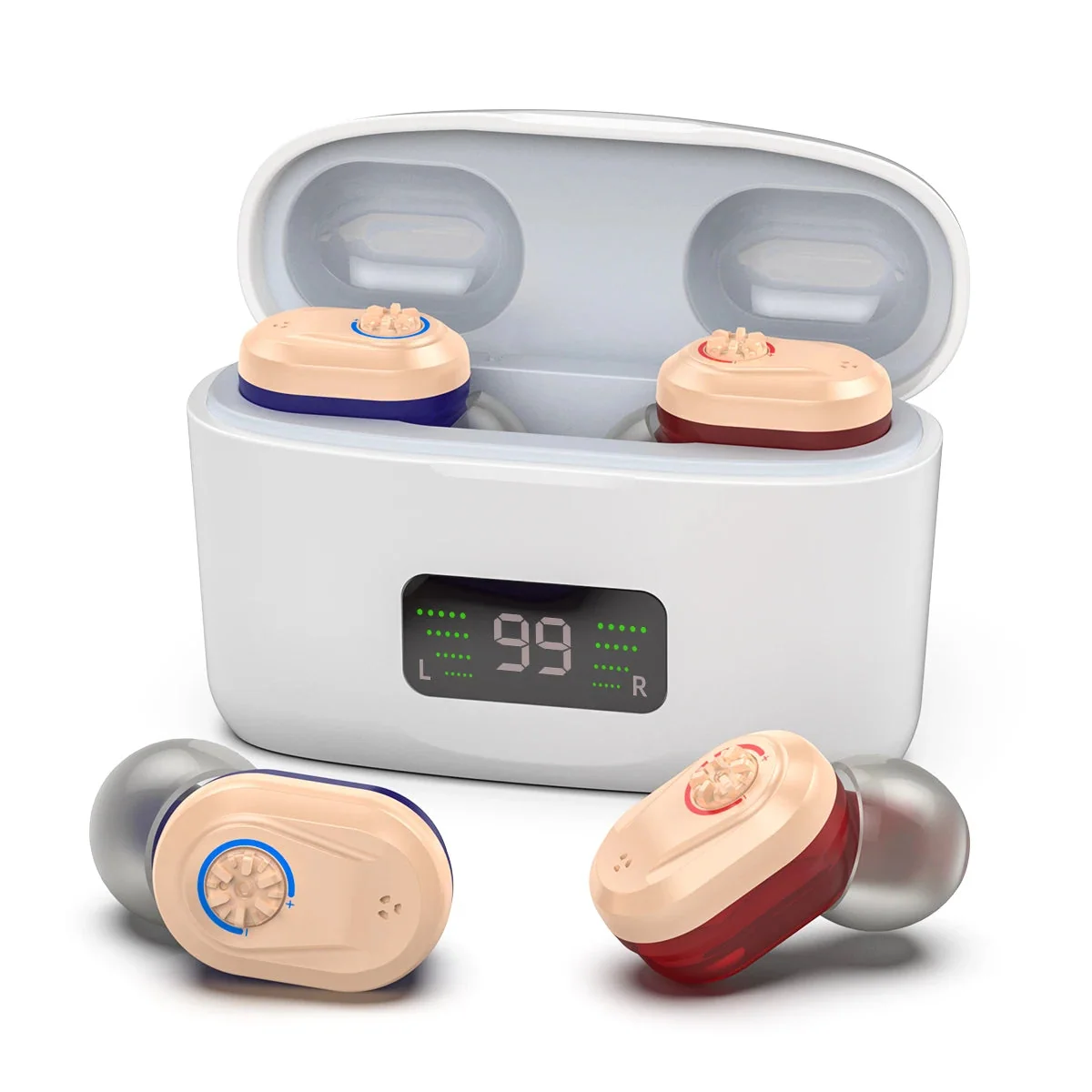 Pair of rechargeable hearing aids in portable LED digital charging case