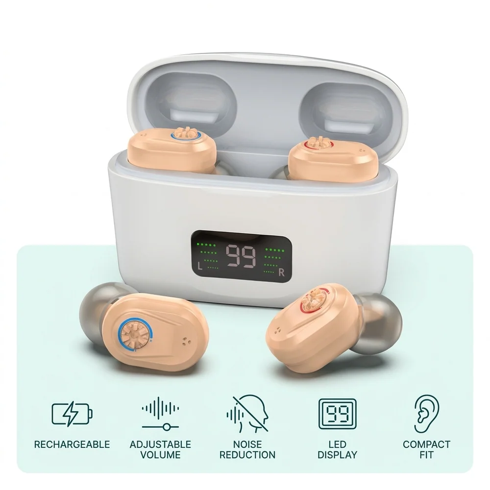 Core feature icons: Rechargeable, Adjustable Volume, Noise Reduction, LED Display, and Compact Fit