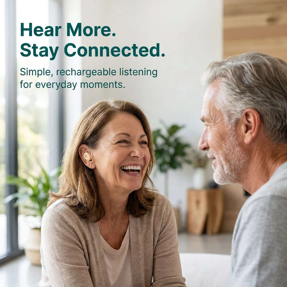 Senior couple having a clear, joyful conversation with rechargeable hearing aids