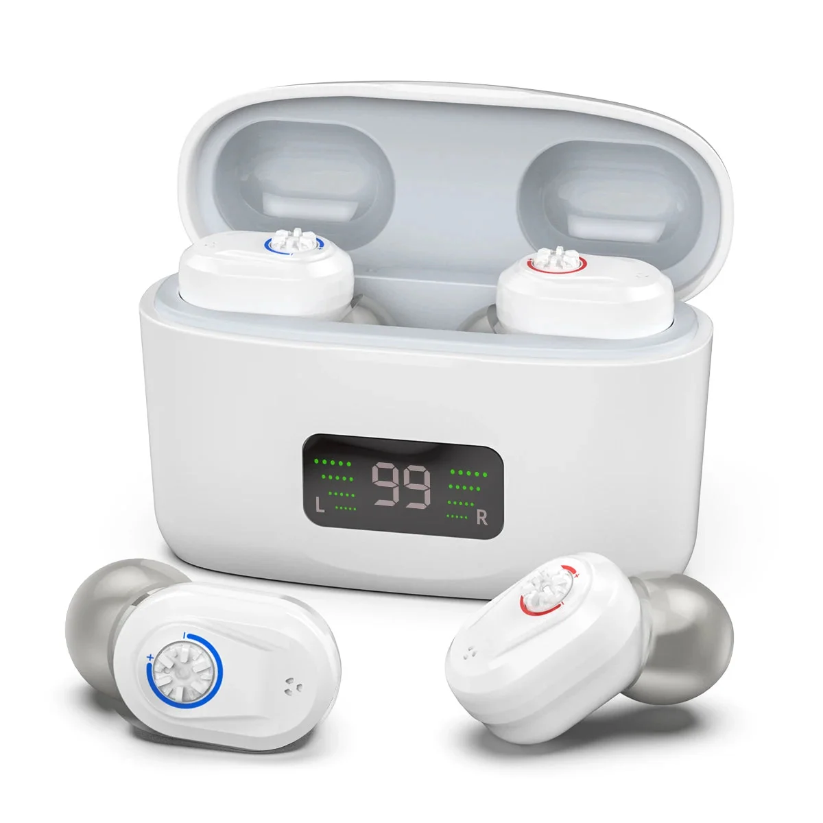 White color variant of rechargeable hearing aids in charging case