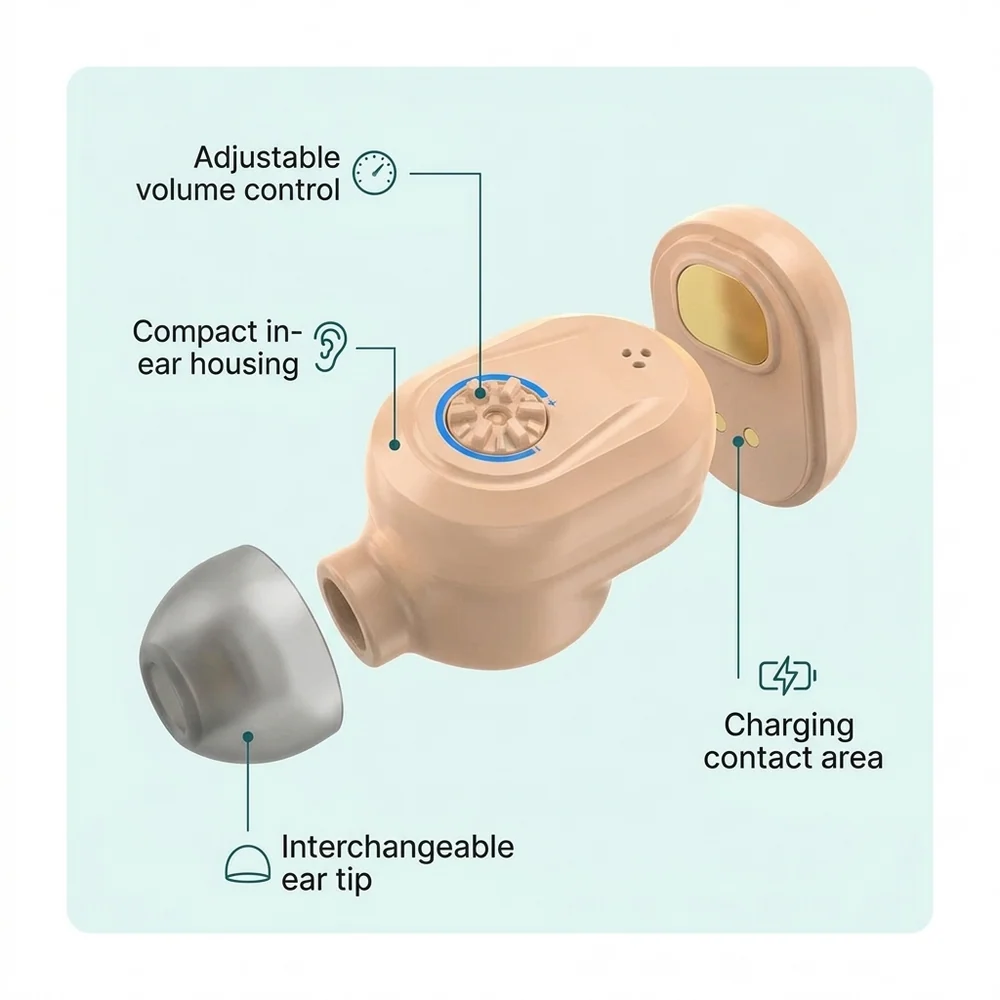 Anatomy diagram: adjustable volume control dial, compact in-ear housing, charging contact area, and interchangeable ear tip